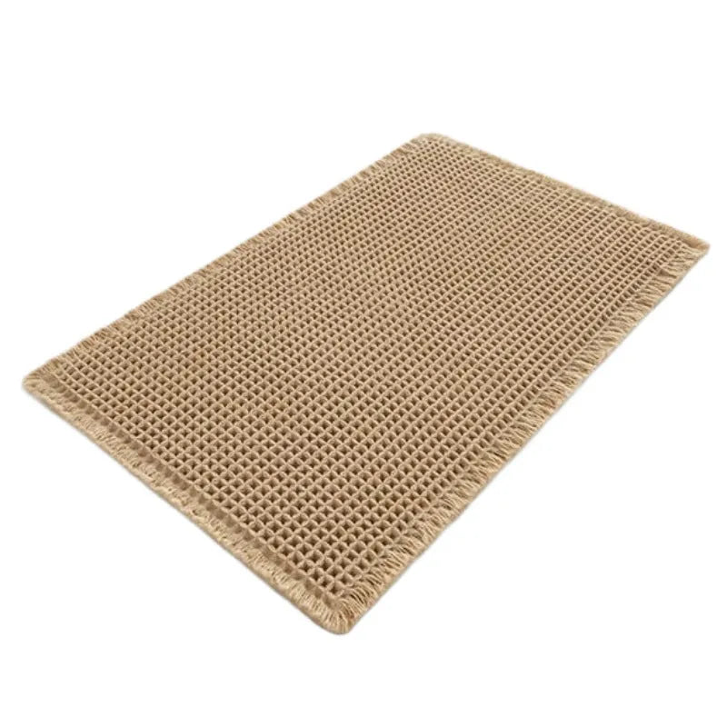 Square checkered pattern bathroom carpet with non-slip backing in beige colour, 61x92cm size