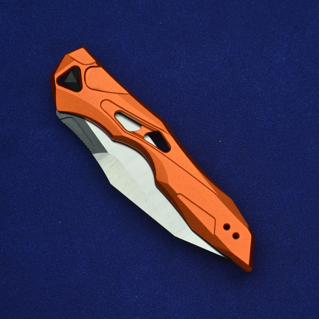 Black folding fruit knife with D2 steel blade and aluminium handle showing 19cm length