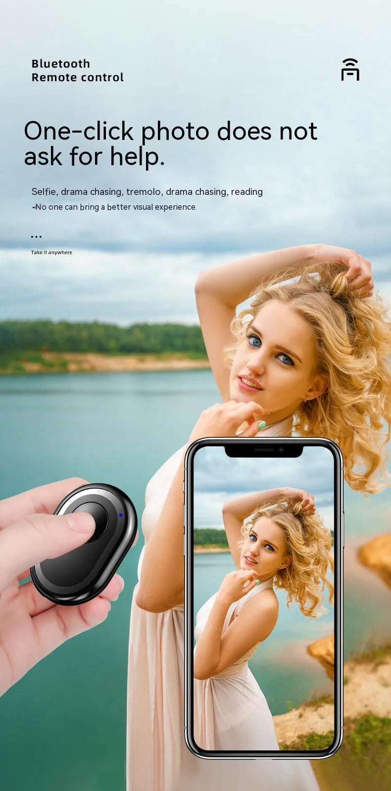 Bluetooth remote control for smartphones with self-timer, showing black, pink and purple colour options