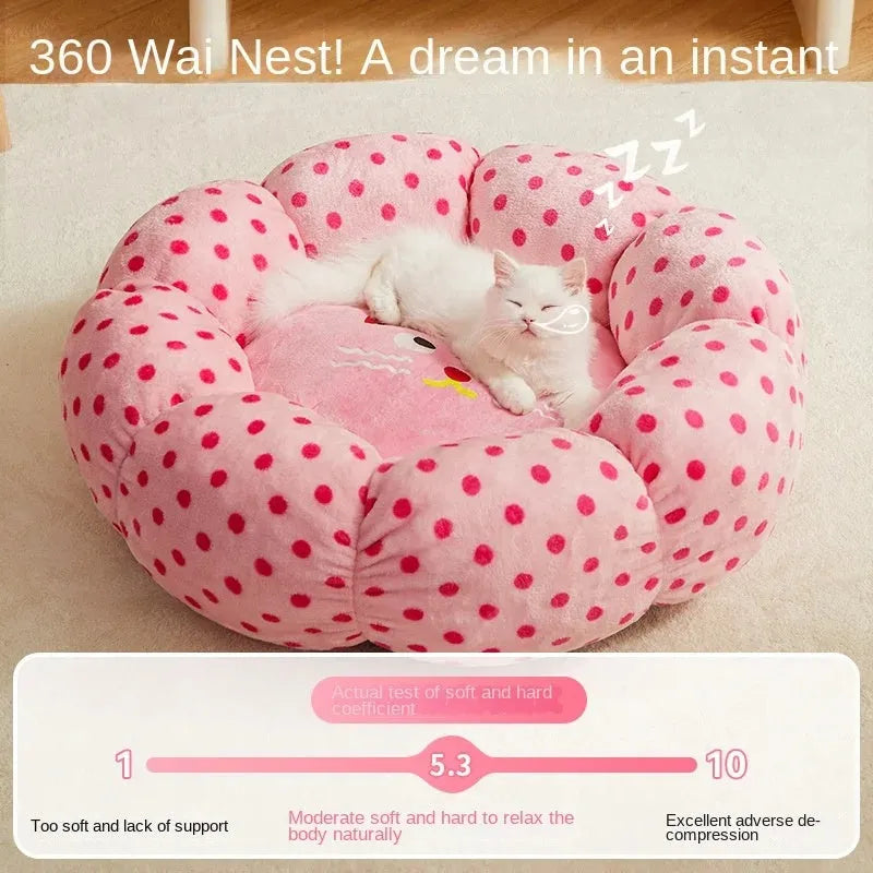 Pink dot pattern fabric cat bed shown in two circular sizes, 45cm and 65cm diameter.