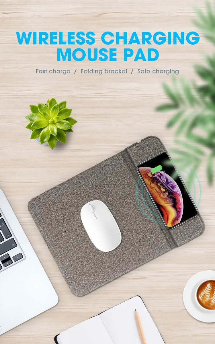 Foldable cloth wireless phone charger showing charging distance and compact folded size