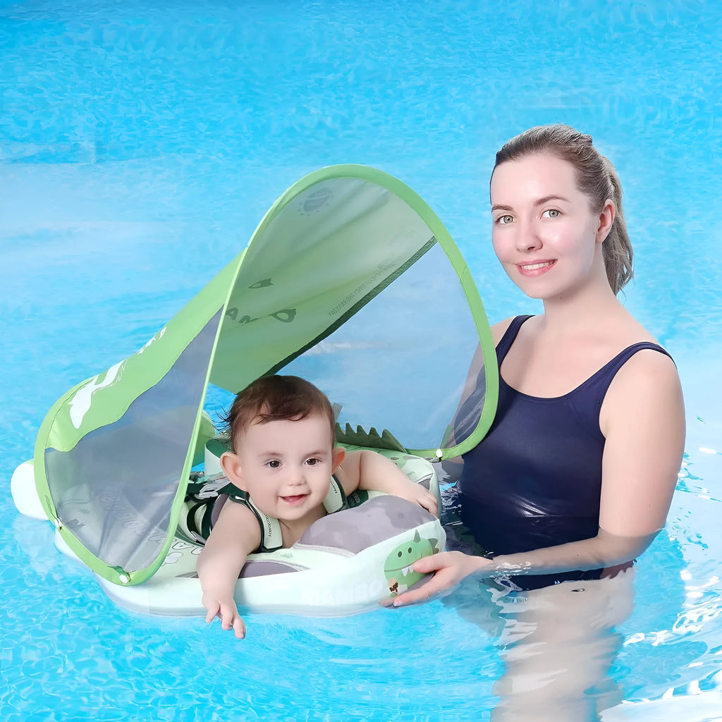 Avocado green dinosaur baby floating swimming ring with sun shade for children 3-24 months