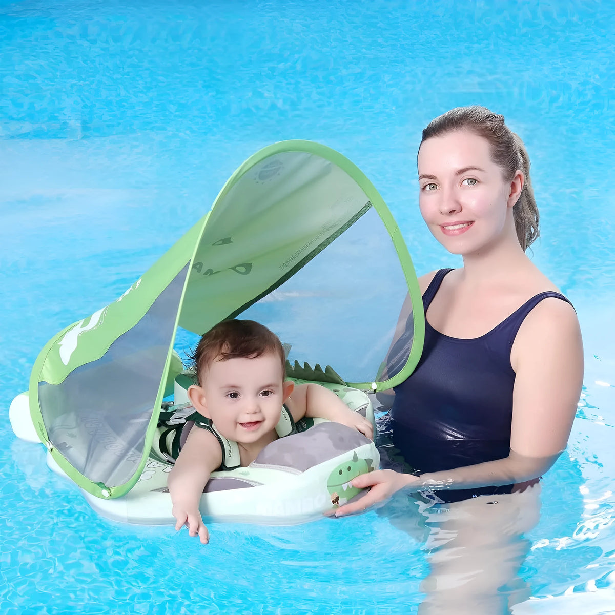 Avocado green dinosaur baby floating swimming ring with sun shade for children 3-24 months
