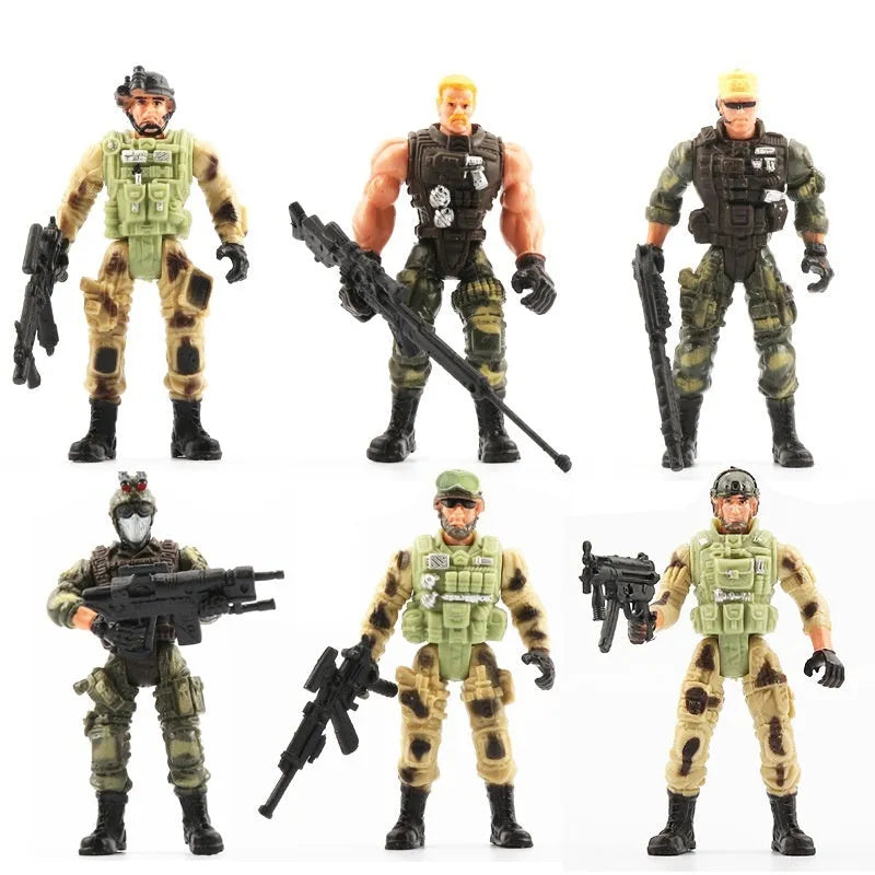 10cm plastic military soldier model with movable joints, shown in anti-terrorism special forces, Flying Tiger, zombie, and Employment Corps options.