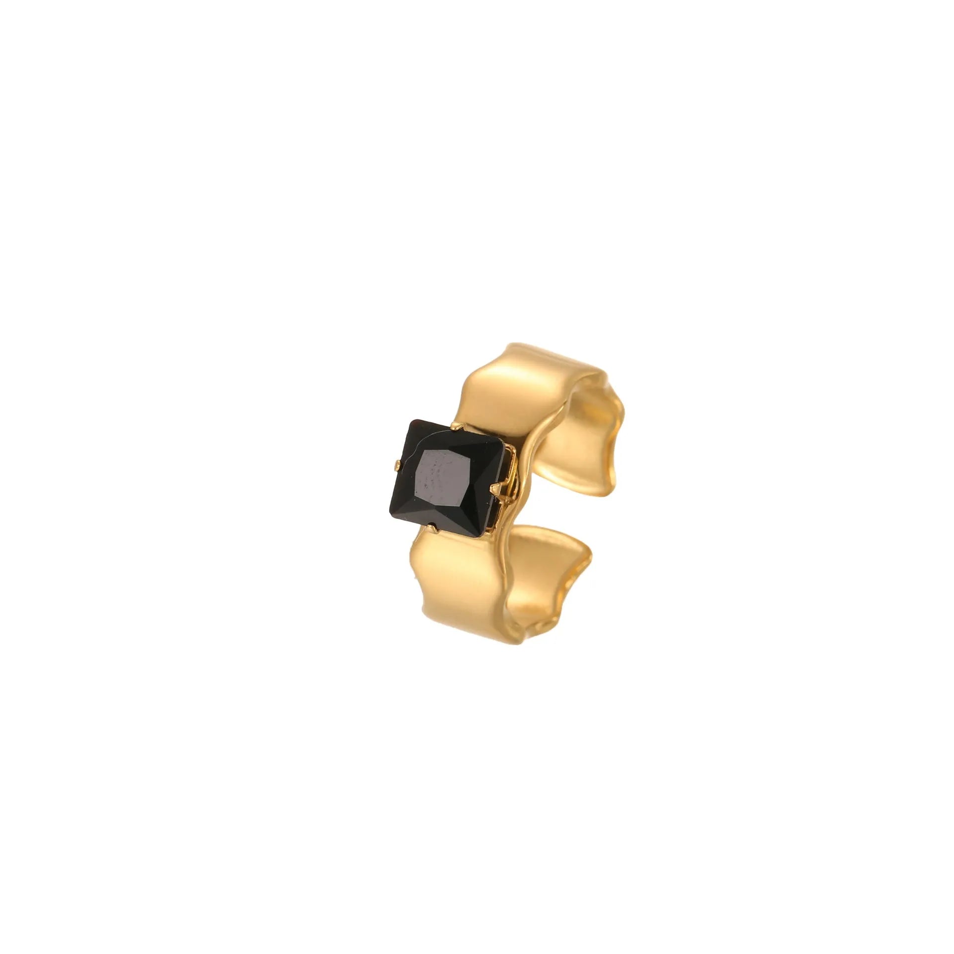 Geometric open-mouth stainless steel ring with titanium plating and inlaid zircon stones for women.