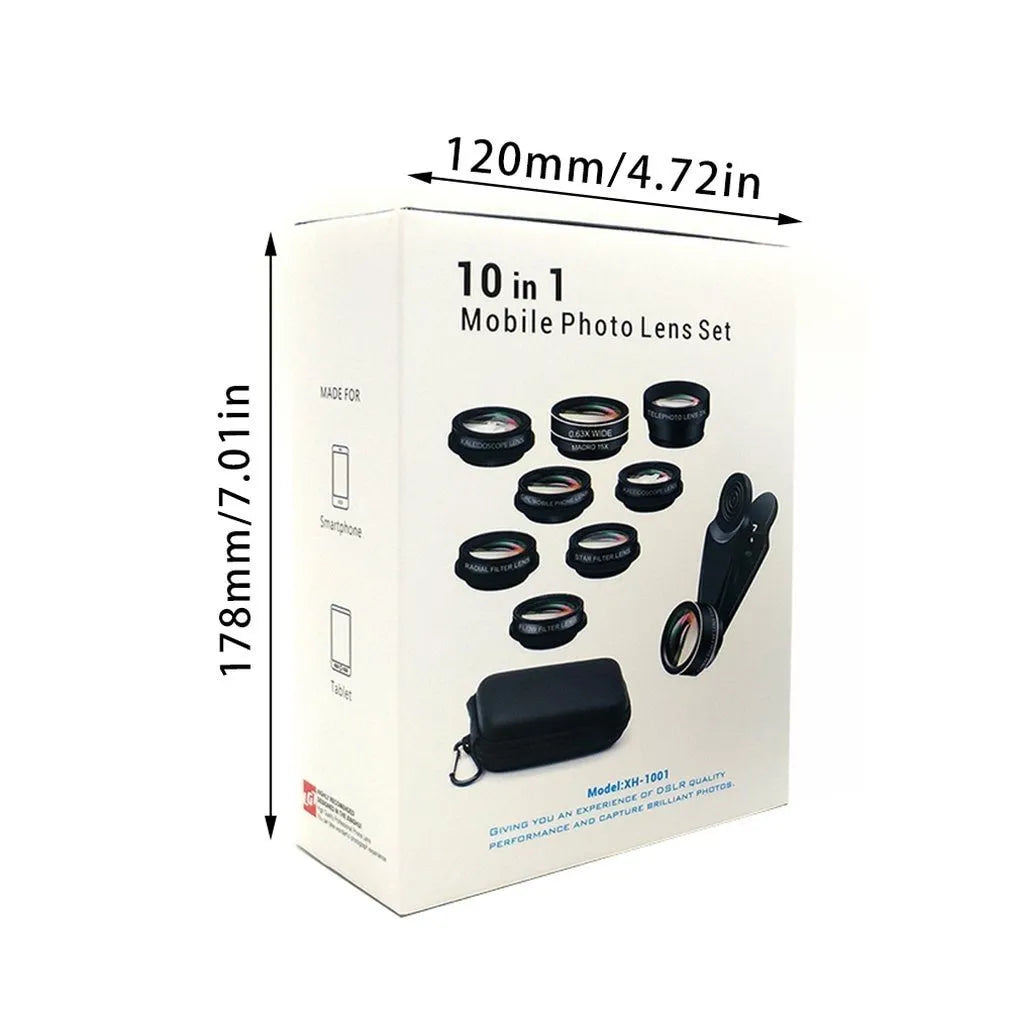 Black 10-in-1 set of external mobile phone camera lenses with aluminium-magnesium alloy housing.