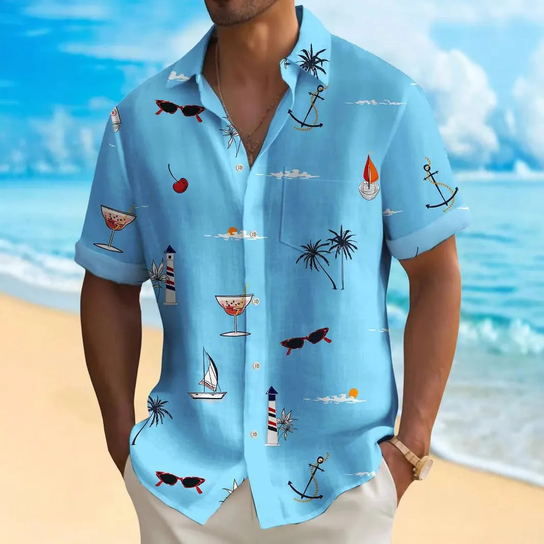 Men's Hawaiian shirt with digital print, loose fit, short sleeves, and 100% polyester fabric in various colours.