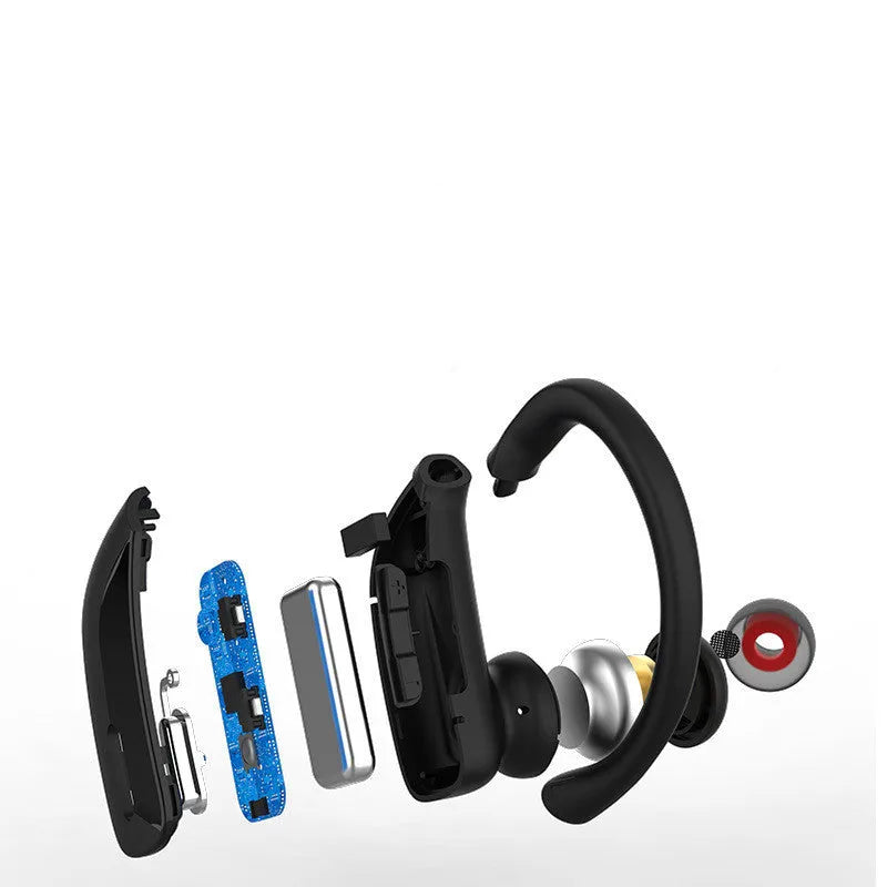 Black wireless Bluetooth headset with hanging ear design and LED digital display