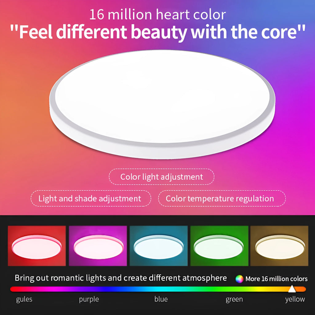 Black and white versions of a round, modern RGBCW Bluetooth smart ceiling light with app and remote control.