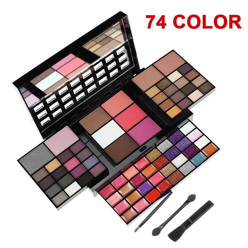74-colour makeup set with 4-layer compact, eyeshadows, lip glosses, and brushes on display