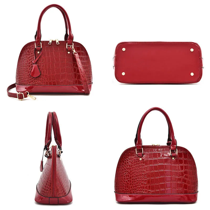 Large shiny crossbody shoulder bag with shell shape design showing 22x30x15cm dimensions