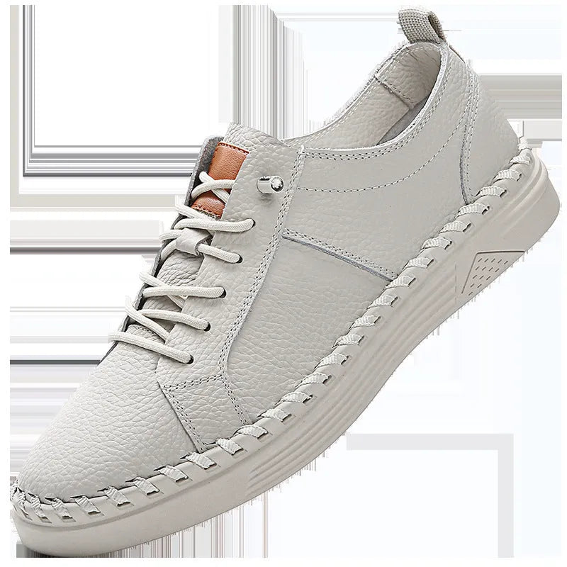 Men's beige and black cowhide sneakers with round toe and mesh lining
