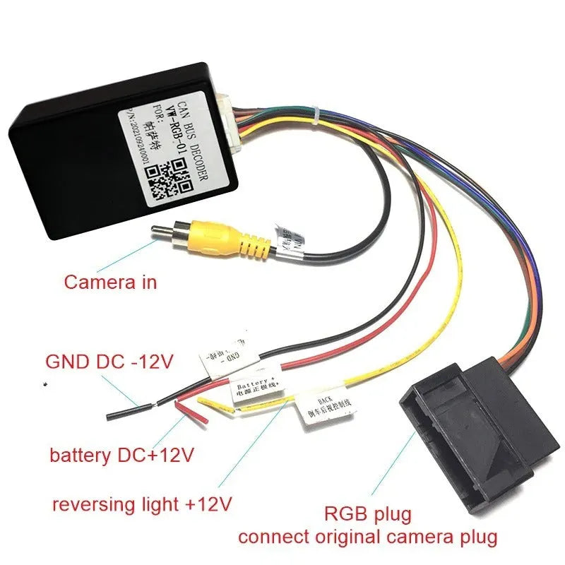 Black original car camera conversion box for Volkswagen and Skoda MIB hosts.