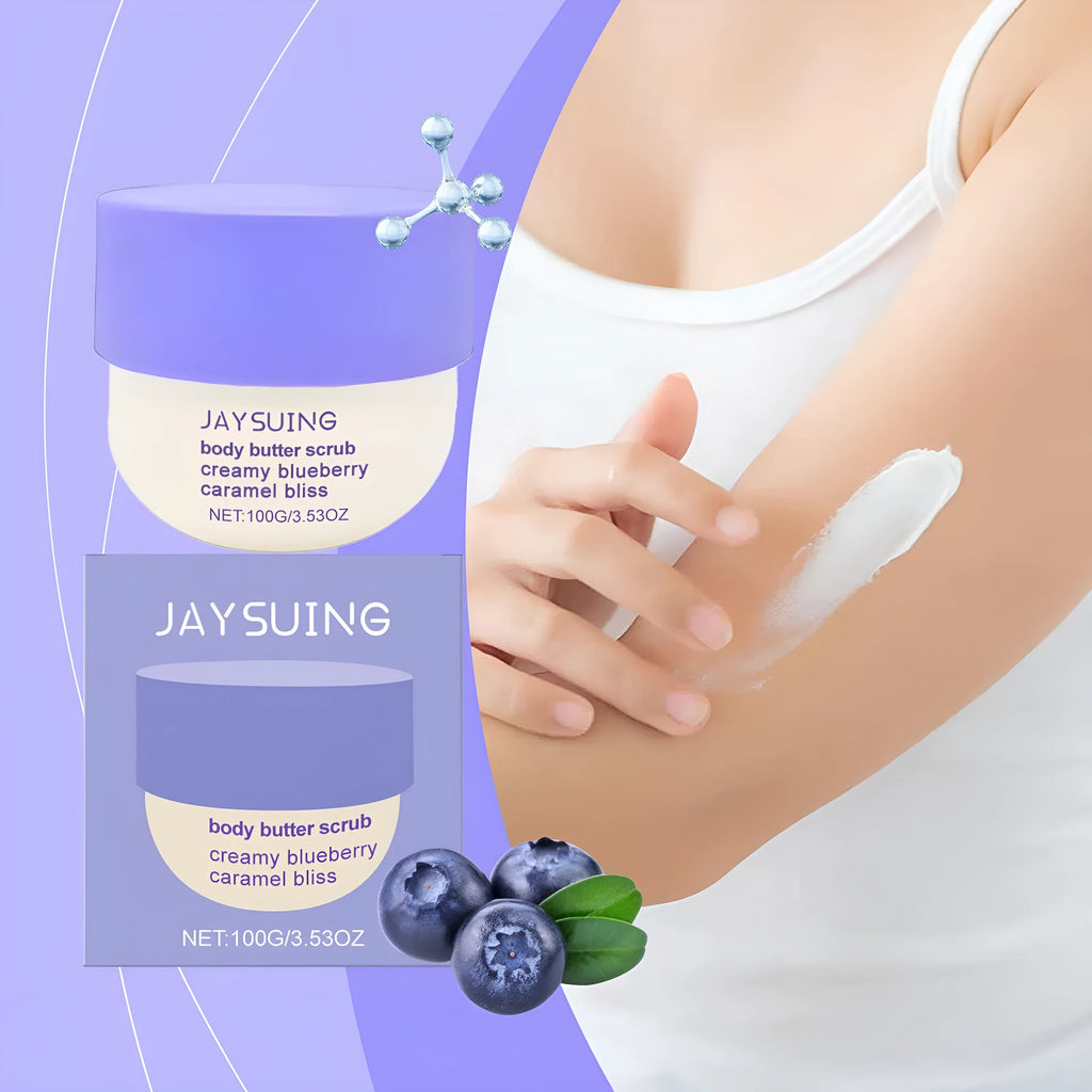 Blueberry Caramel Body Scrub Cream Mild in 100g container with matte cream finish