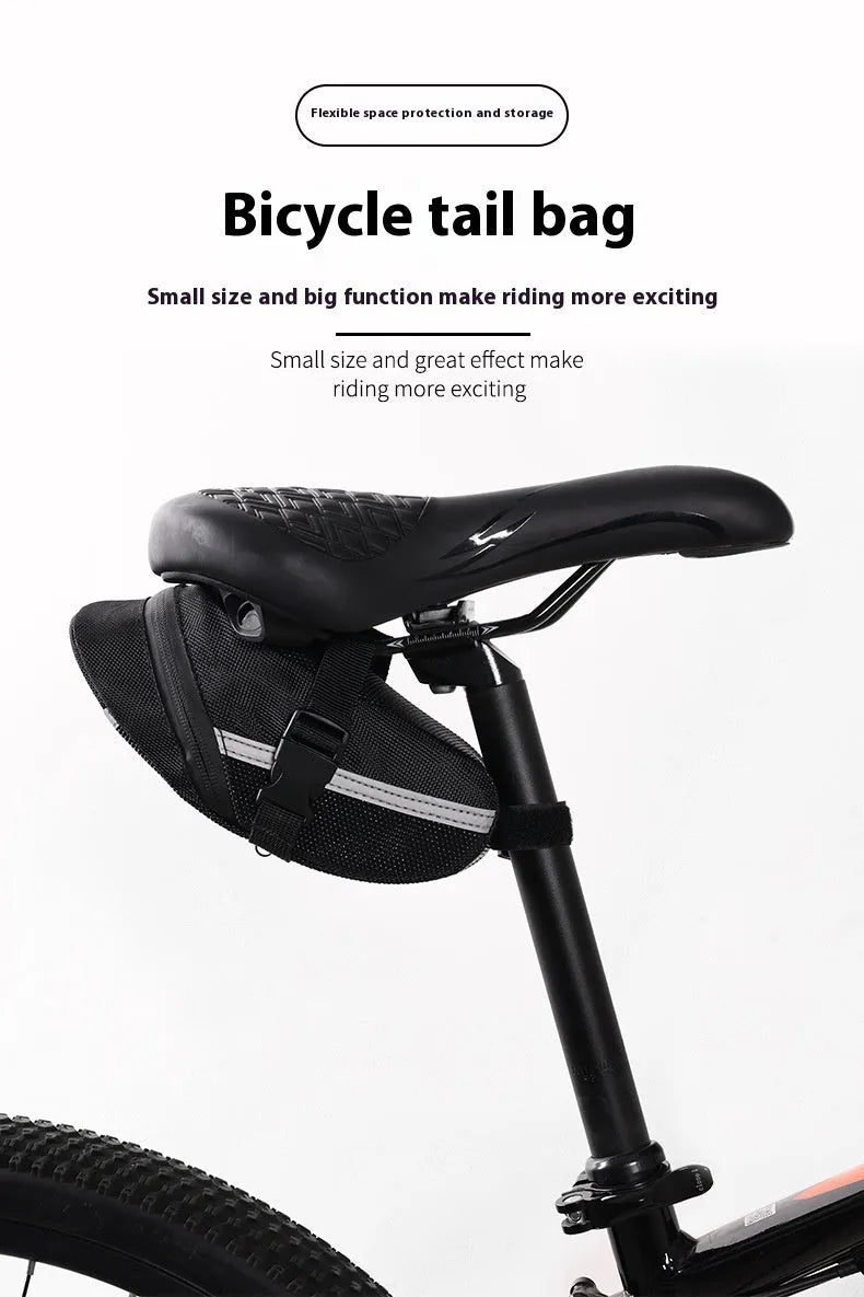 Black cycling quick release saddle bag with polyester construction mounted under bicycle saddle