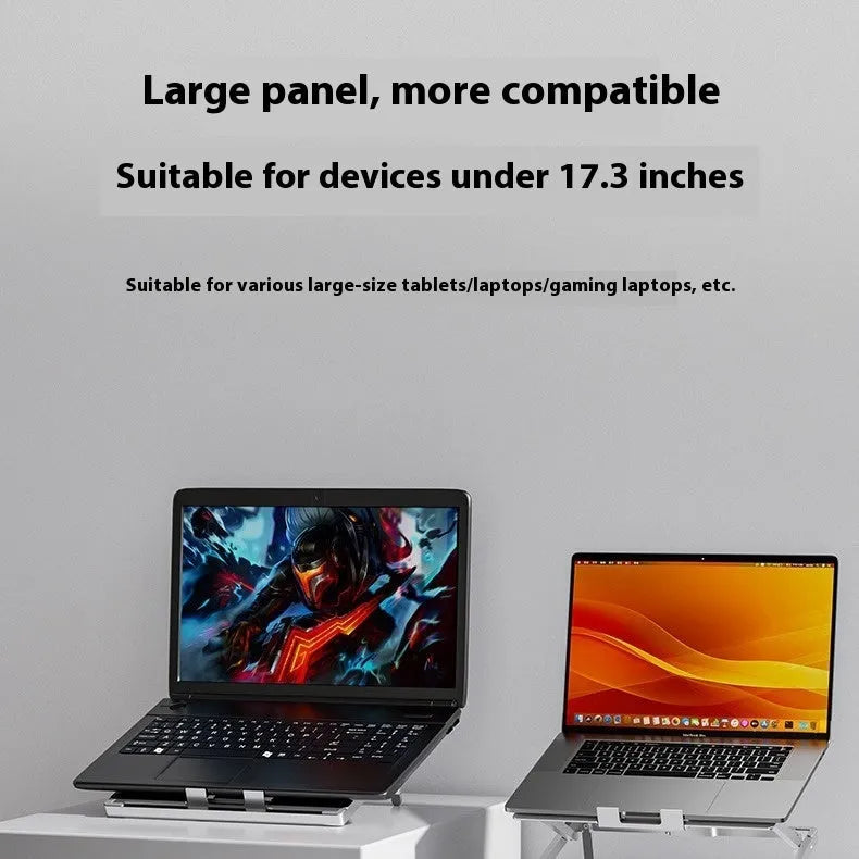 Aluminium alloy folding notebook cooling riser showing 270x210x18mm dimensions and folded design