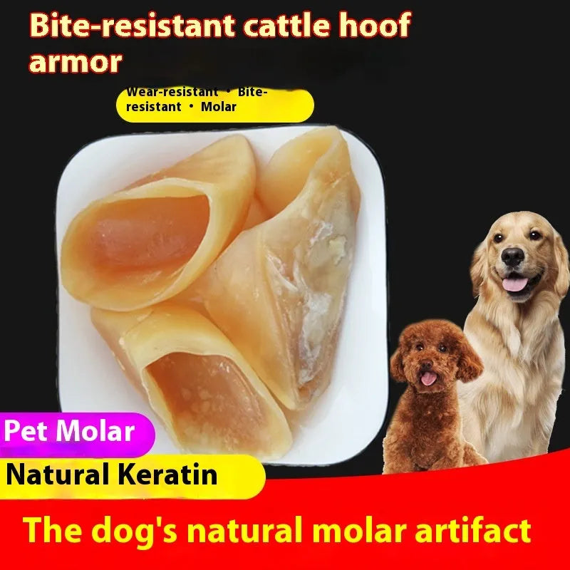Natural cowhide dog chew with hoof shell colour and edible cutin layer for dental health