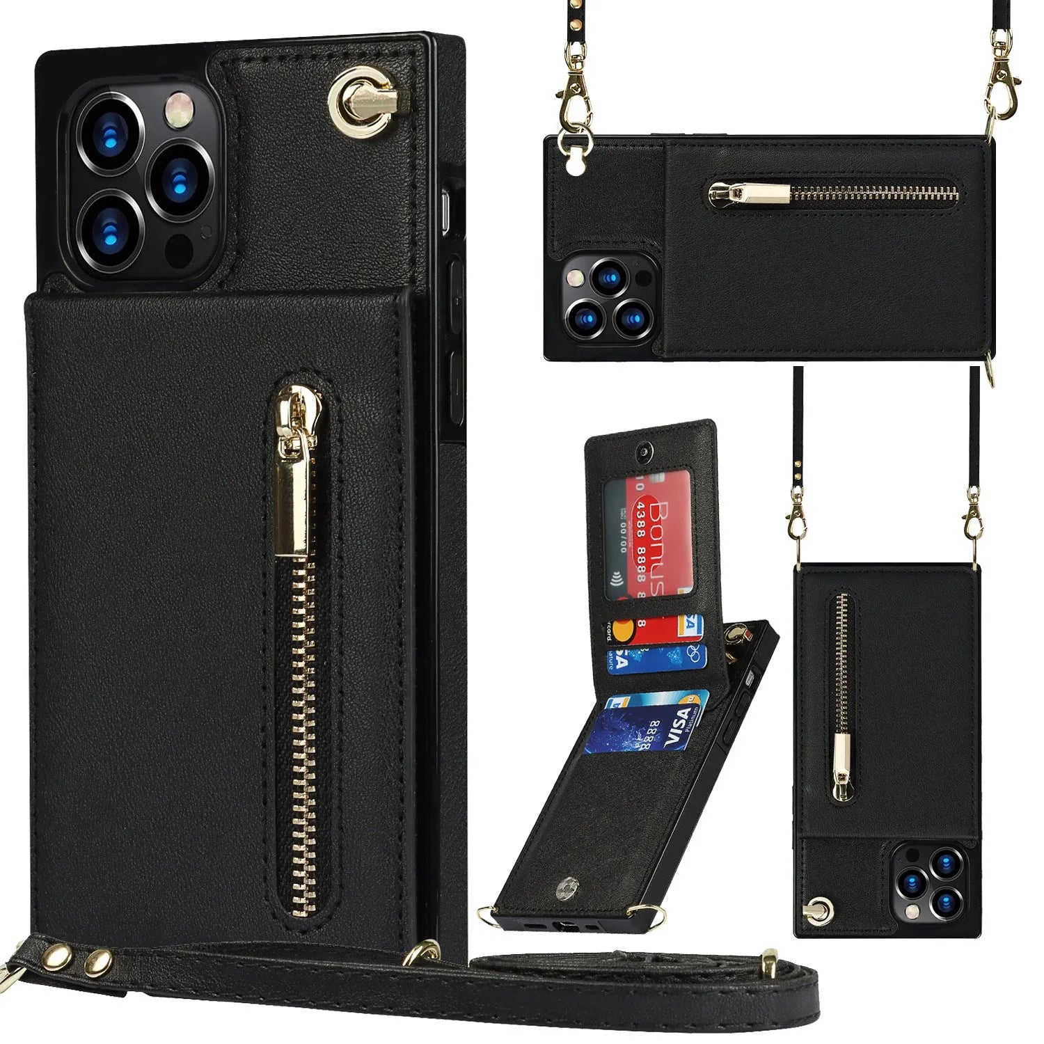 Mobile phone case in black with TPU and leather construction for iPhone 13 model