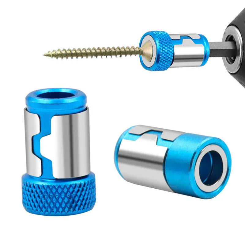 Light blue magnetic screwdriver bit with slotted head and hex shank for tool attachment