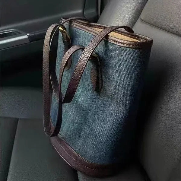 Denim patchwork retro one-shoulder bucket handbag showing large capacity and polyester construction