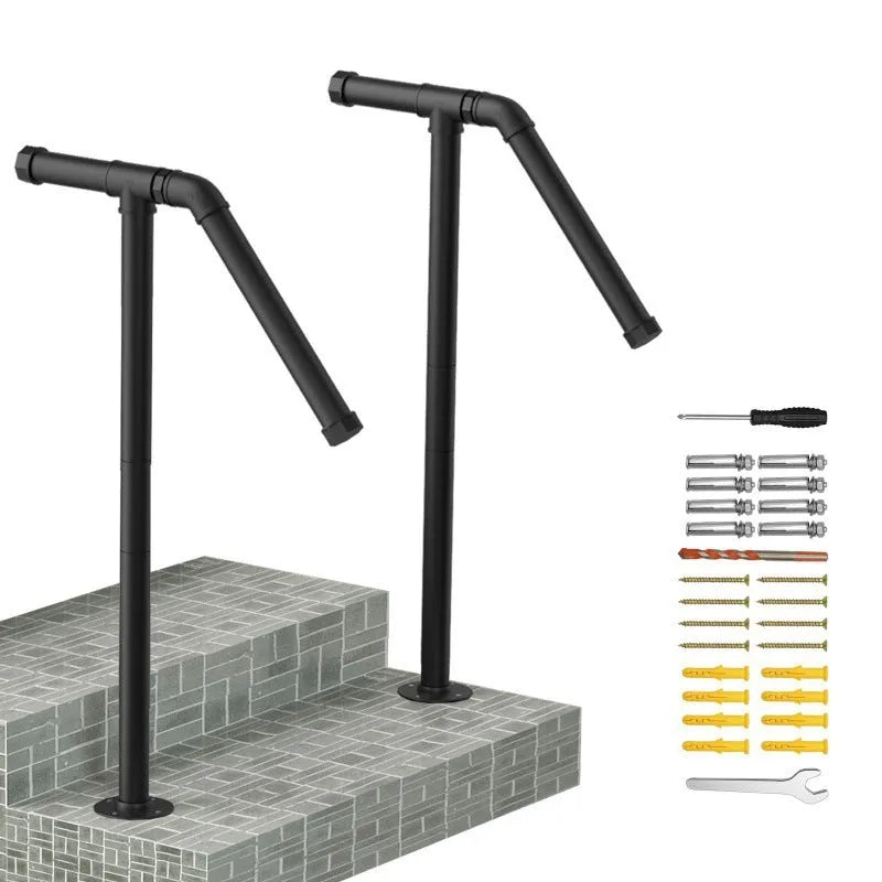 Black metal ladder support bracket for minimalist American household staircase installation.