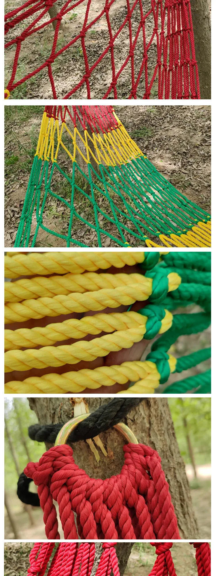 Green nylon rope mesh hammock hung between two trees with tying ropes.