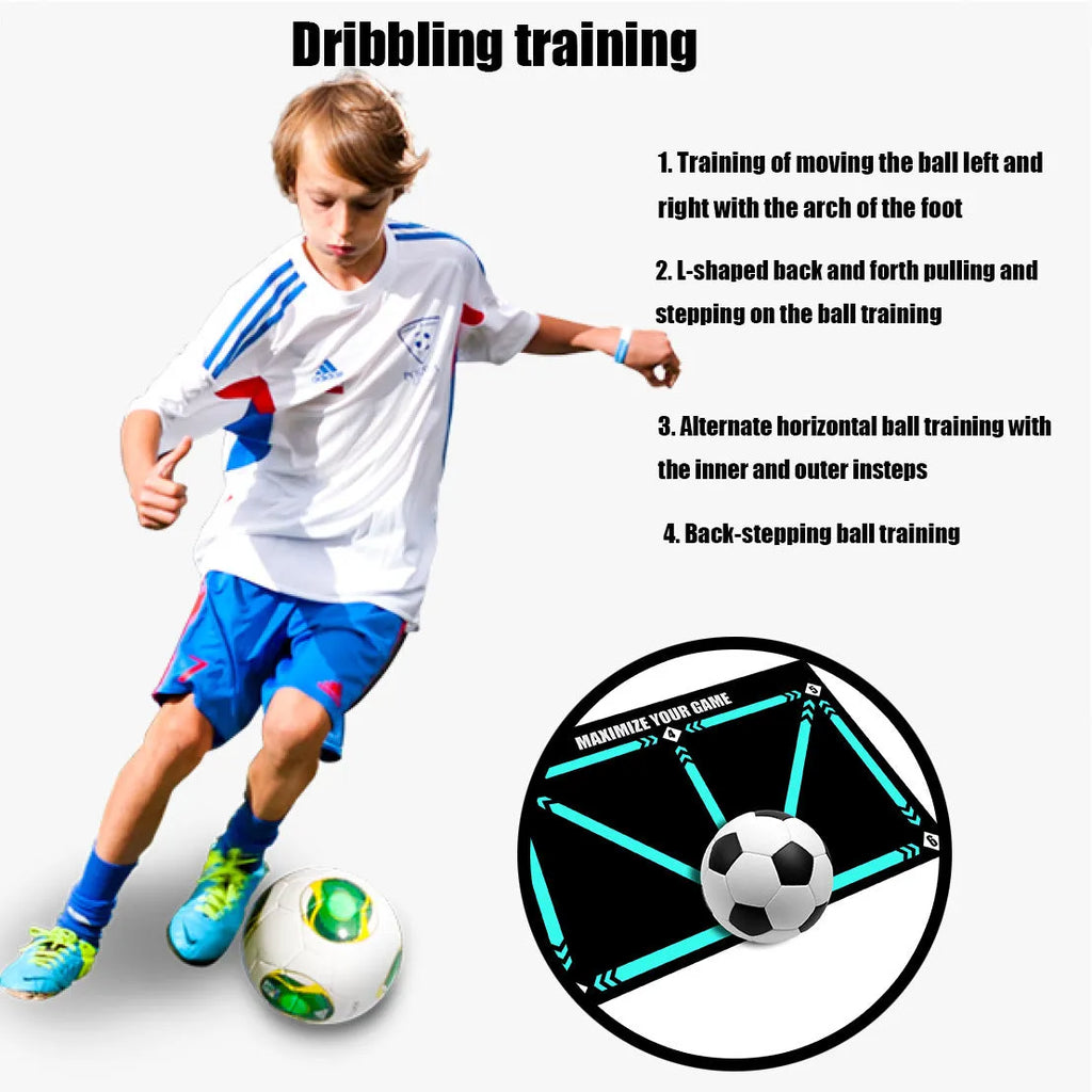 Black football training mat measuring 60x90cm with non-slip backing for ball control drills