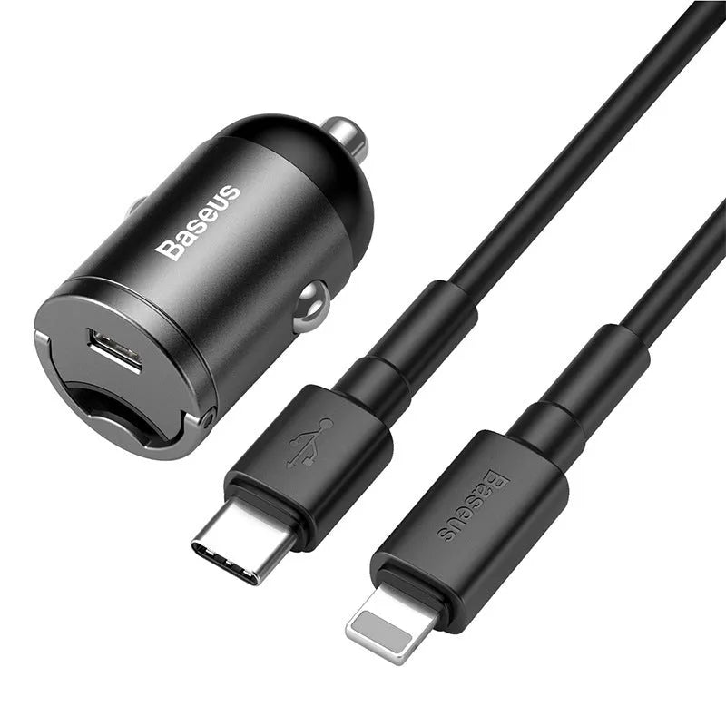Baseus electro-optical grey 30W PPS fast car charger with 1-metre USB-C cable beside car 12V socket