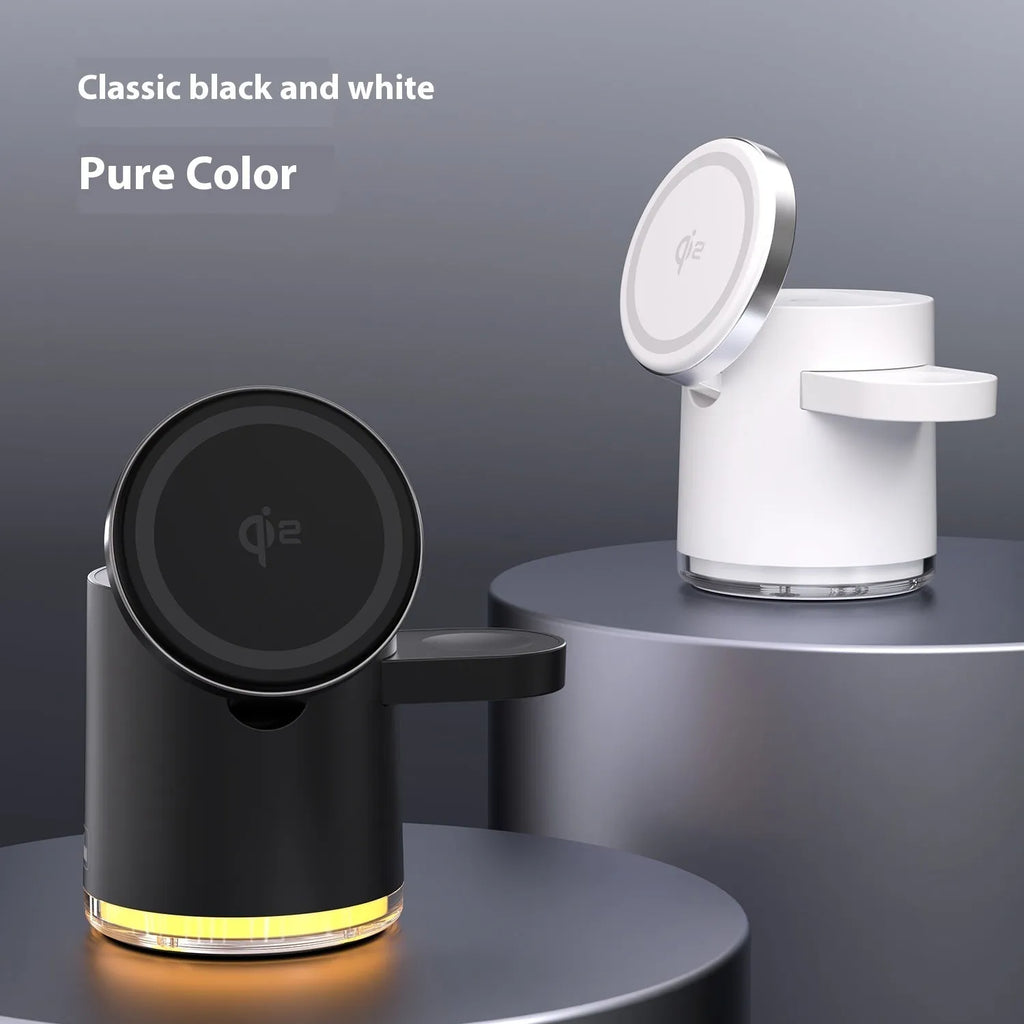 C16 portable magnetic three-in-one wireless folding charger in black showing iPhone, Apple Watch and AirPods charging simultaneously