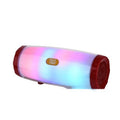 Blue outdoor portable Bluetooth speaker with LED lamp showing control buttons and PU leather casing.
