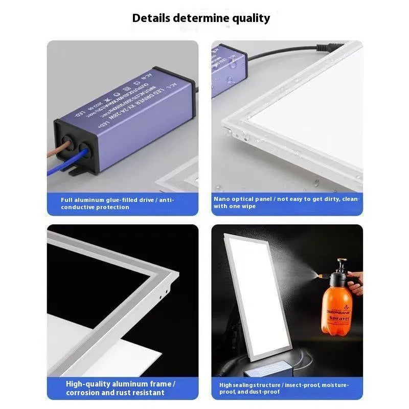 A rectangular white embedded ceiling panel light with a flat surface, shown installed flush in a false ceiling.