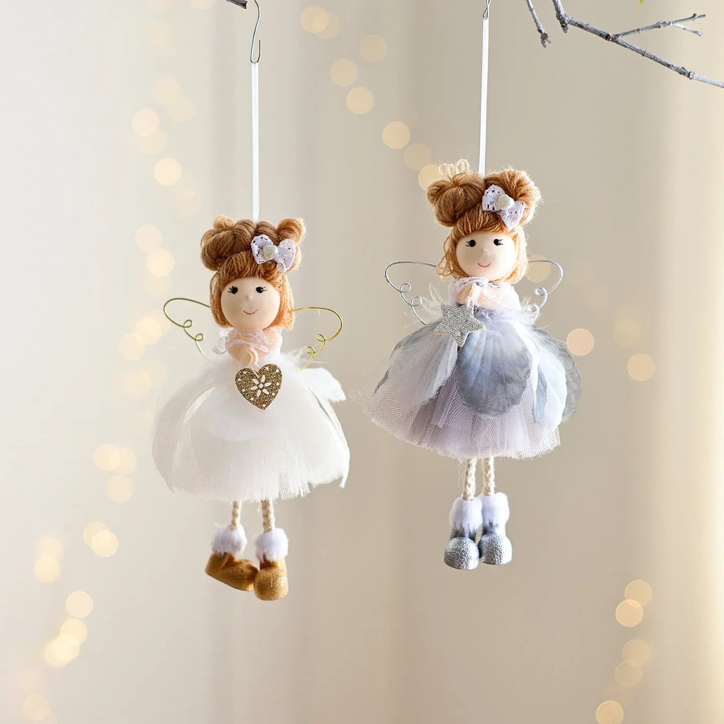 White Christmas tree ornament with mesh angel girl and snowflake pendant cartoon design