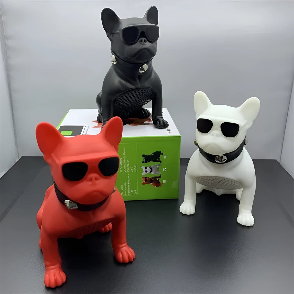 Mini full body bulldog shaped Bluetooth speaker in black, red, or white colour.