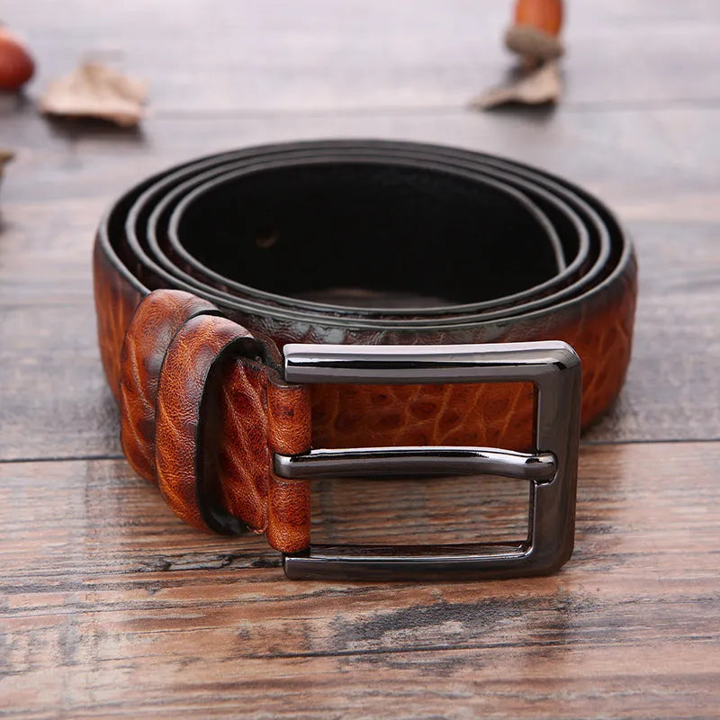 Men's business belt with alloy pin buckle and laser logo design in multiple colour options