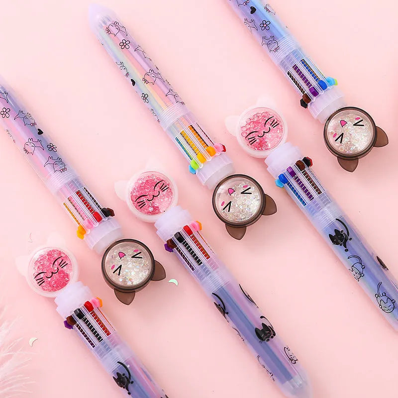 Cute cat design ten-colour push-type student pen with 0.5mm nib and 15cm length