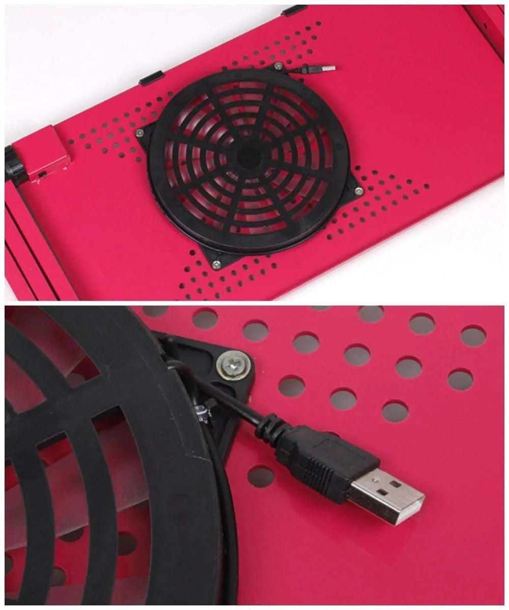 Adjustable folding laptop table stand in black with mouse panel, 42 x 26 cm surface, and built-in USB fan