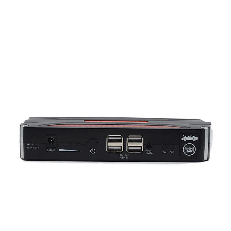 Black and red vehicle emergency starting power supply measuring 178x80x30mm with 7800mAh capacity