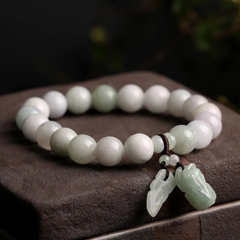 Natural jade bracelet with hanging Maitreya Buddha and geometric symbols, adjustable 18-22cm length
