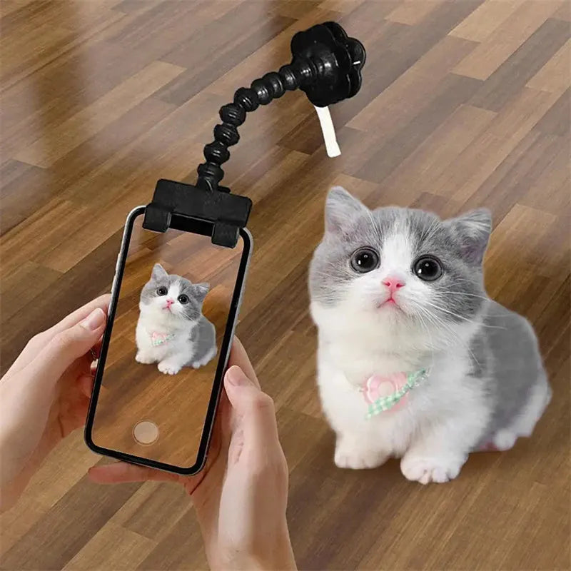 Black pet photography tool with rotating clip and snack holder for mobile phone cameras
