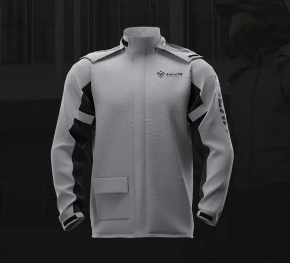 Motorcycle raincoat and rain pants suit in black, gray, green, or orange with hidden shoe covers and storage bag