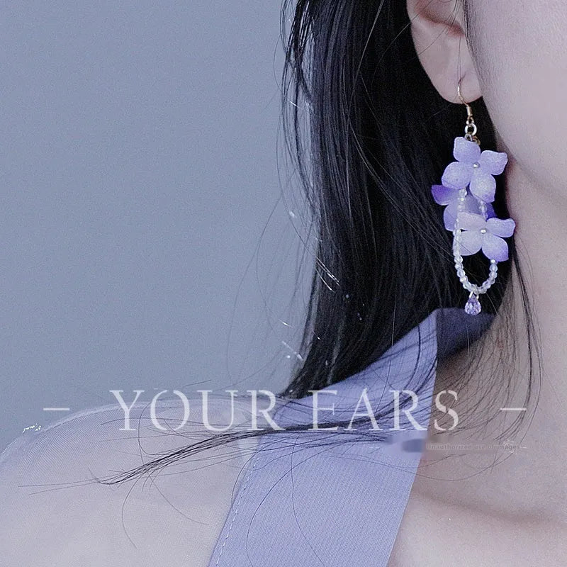 Handmade purple gradient embroidered ball flower earrings with tassel, artificial crystal and heat shrink sheet, one pair