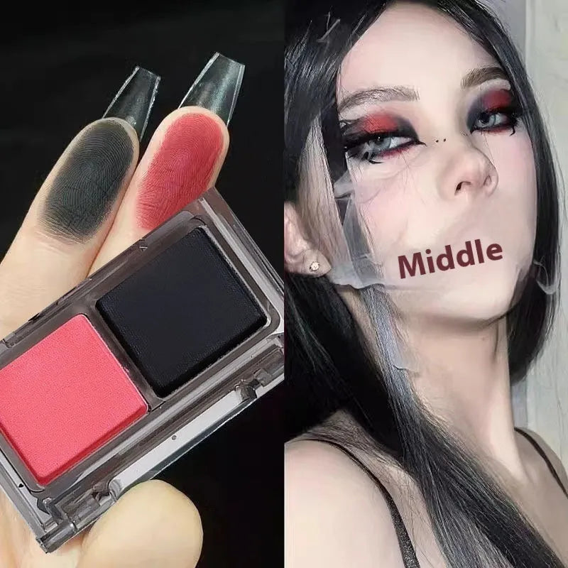DIKALU two-tone eye shadow plate showing pink and black matte shimmer shades with five colour classification options
