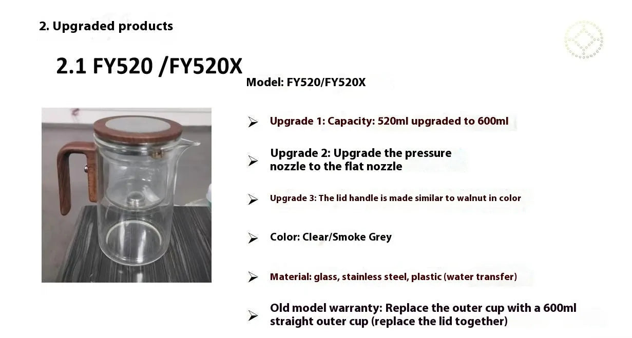 Glass teapot with wooden handle showing magnetic tea separation system and Chinese style design