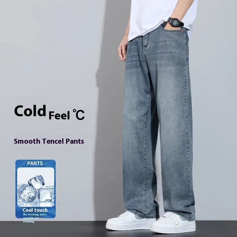 Straight-leg casual trousers in ice silk denim with wide-leg design, zip fly placket, and UK2560 Blue colour