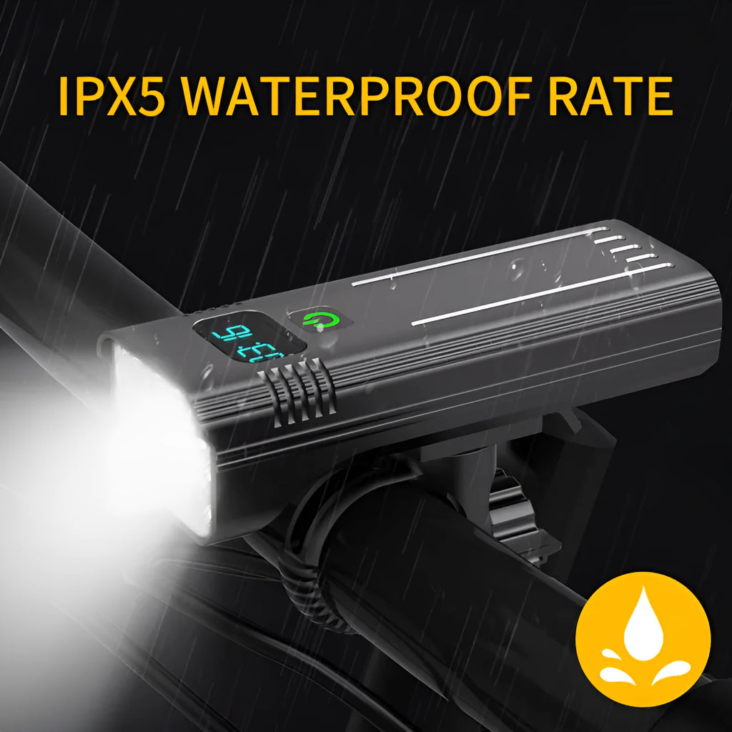 KX12DF black bicycle headlight with digital display on aluminium alloy barrel showing battery percentage