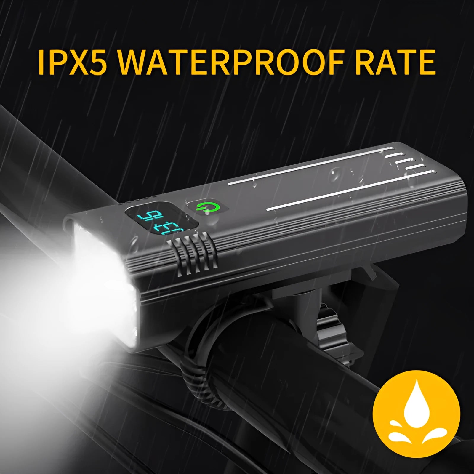 KX12DF black bicycle headlight with digital display on aluminium alloy barrel showing battery percentage