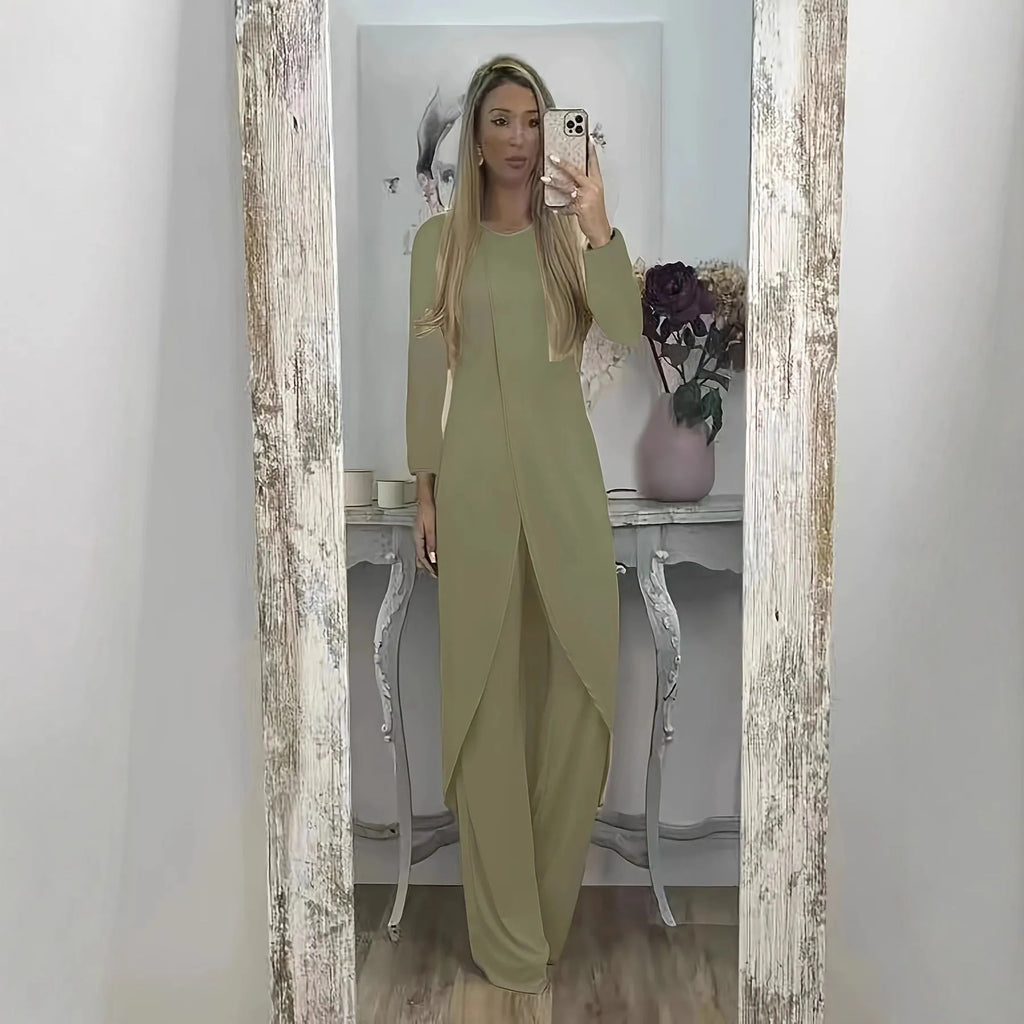 Casual polyester two-piece set with long sleeve top and trousers in khaki