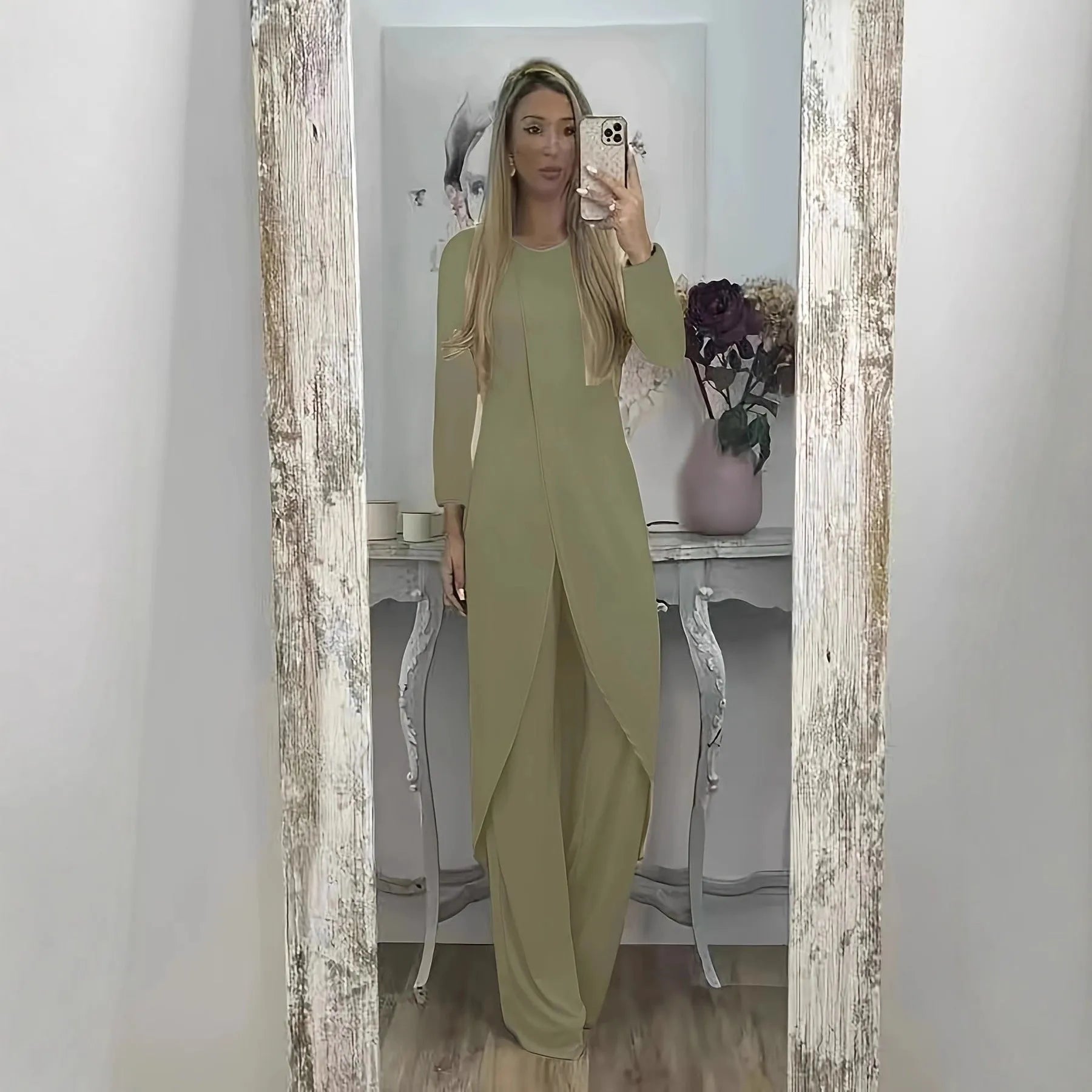 Casual polyester two-piece set with long sleeve top and trousers in khaki