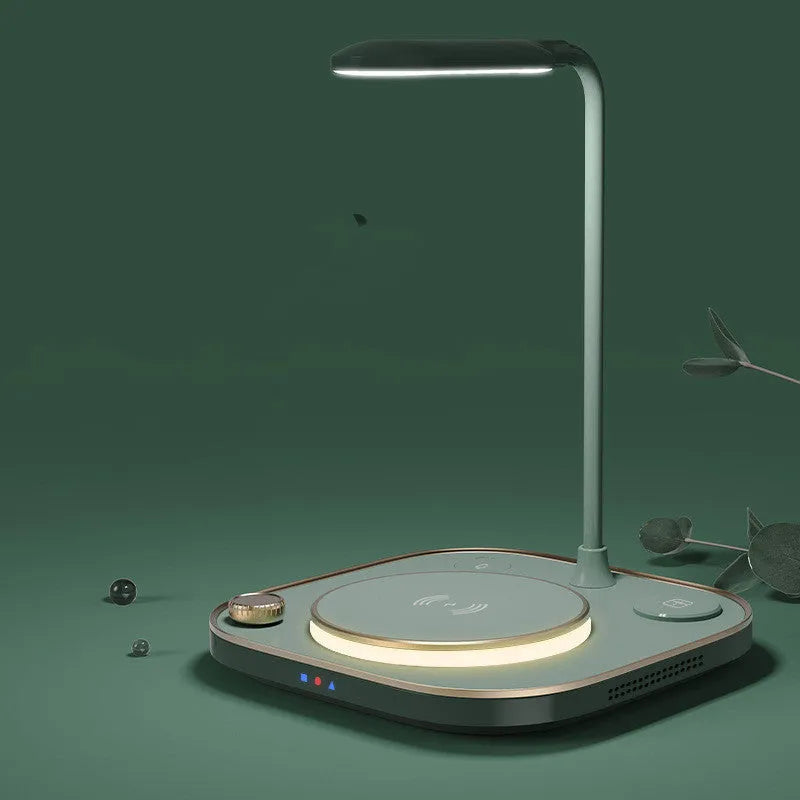 Three-in-one wireless magnetic charger in black, green, or white with 15W fast charging and desk lamp option