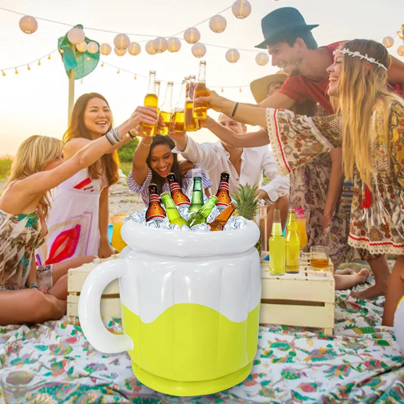 Yellow inflatable PVC ice bucket for beer steins, showing 30cm height and 25cm diameter when inflated